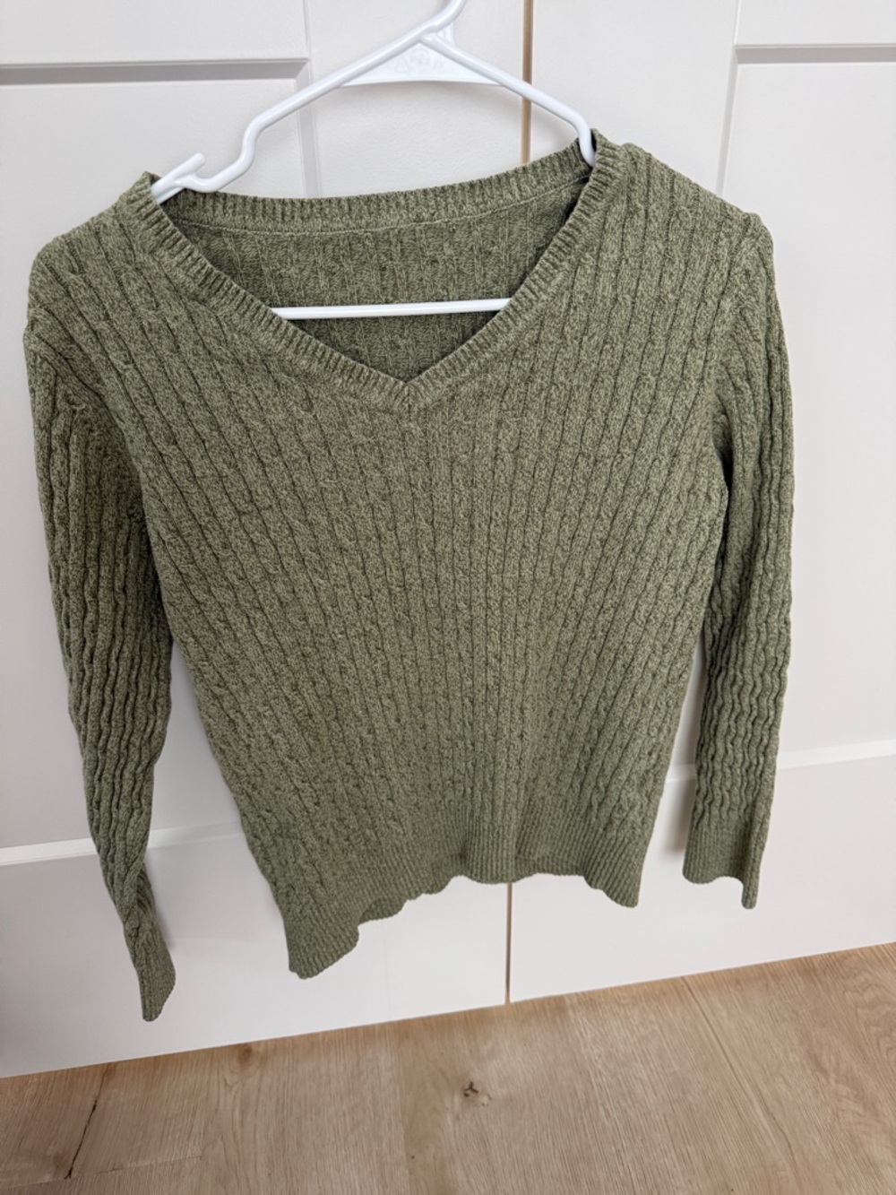 American Eagle Outfitters Olive Green V-Neck Cable Knit Sweater